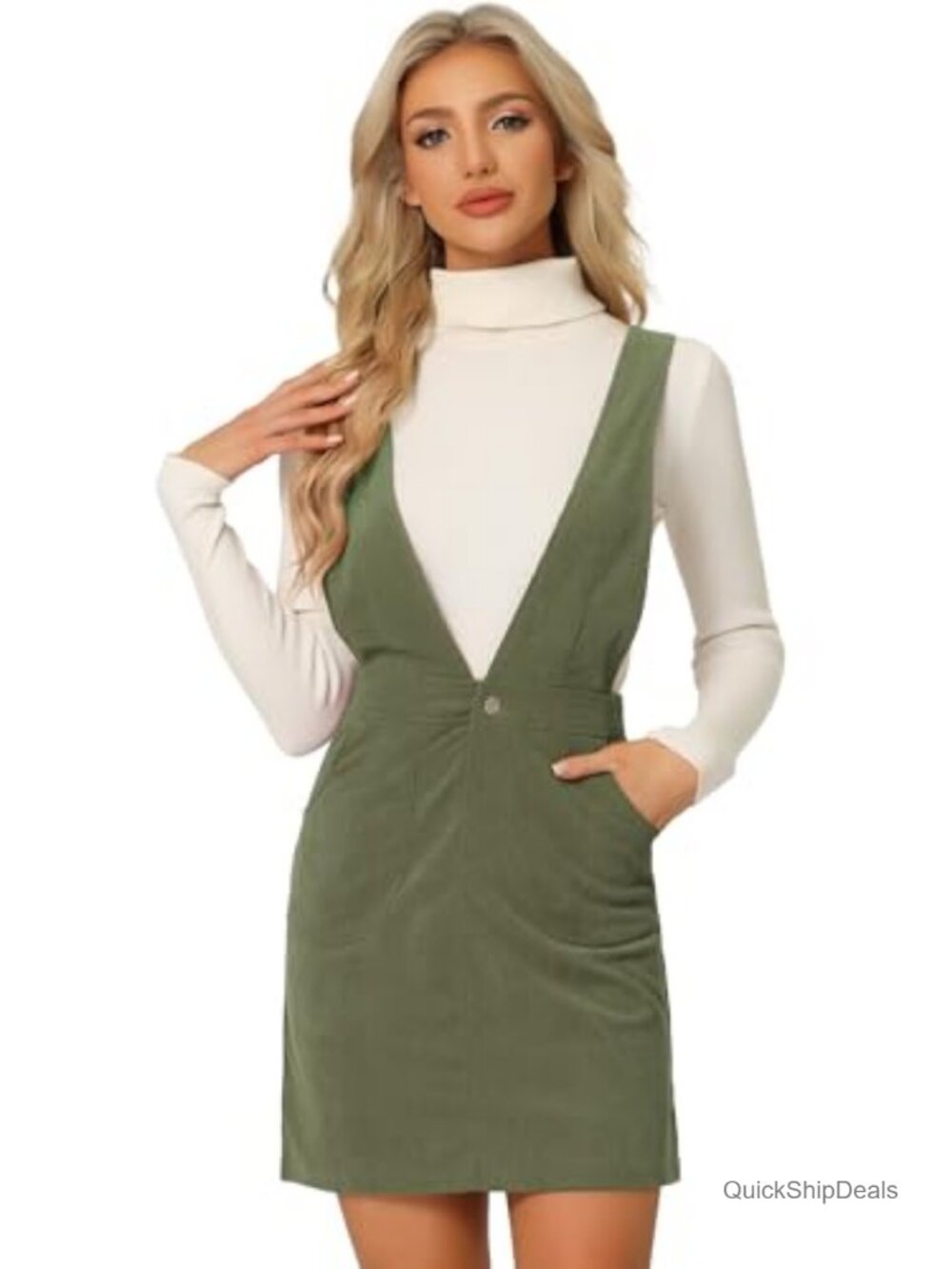 Women's Corduroy Pinafore Overall Dress V-Neck Button Front High Waist